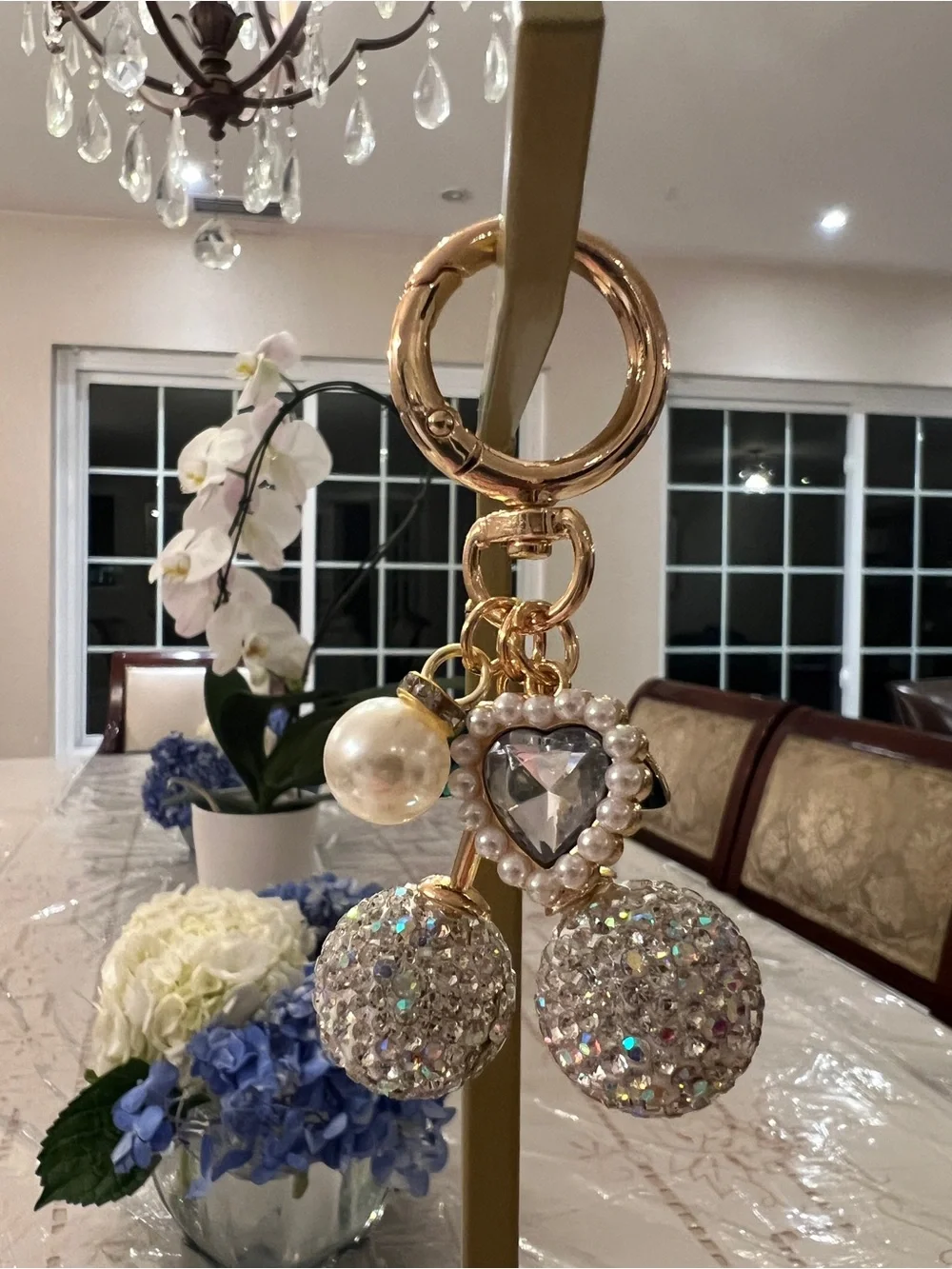 Crystal Cherry Keychain with Teal Leaves